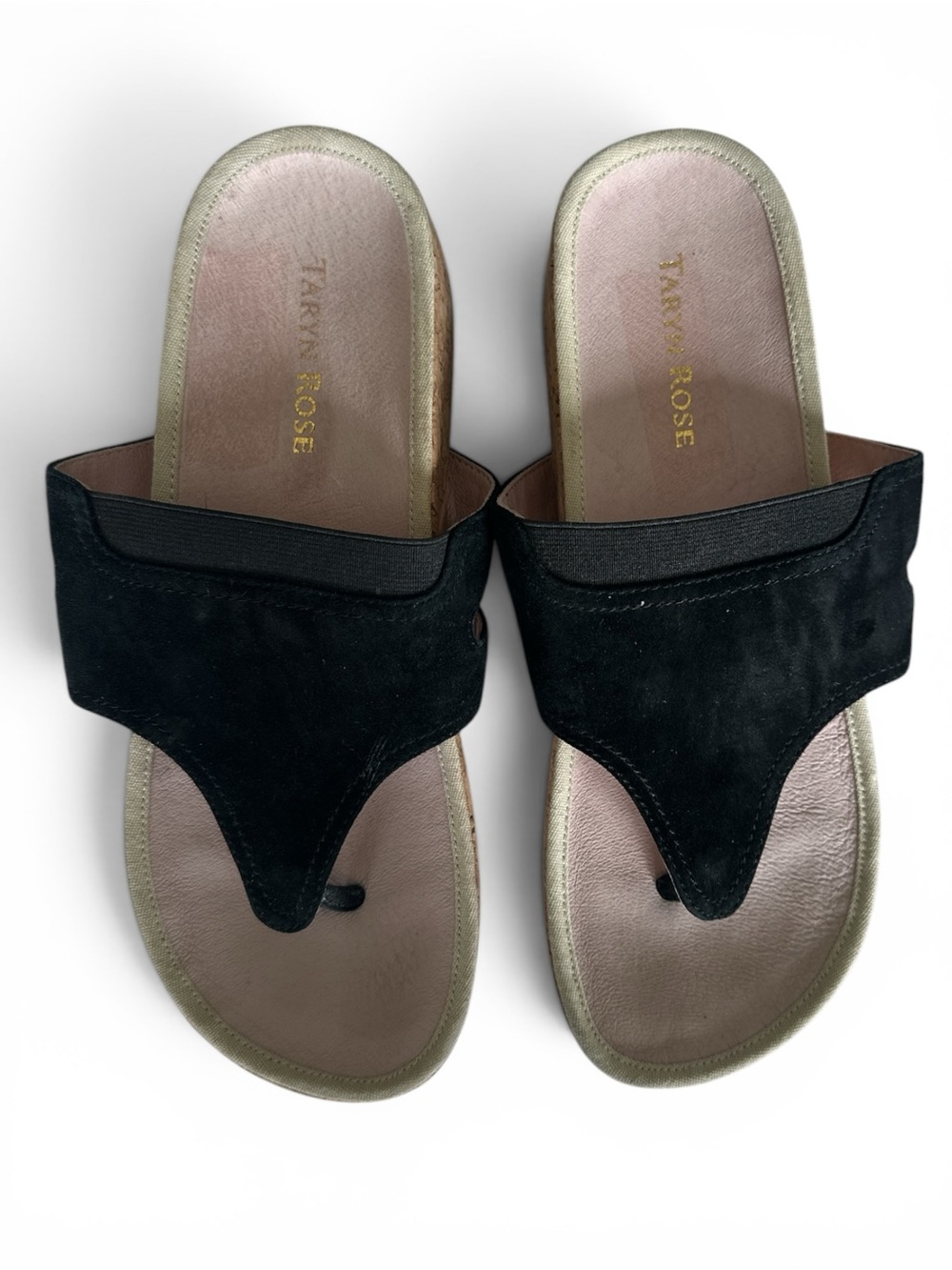 Taryn Rose Black Suede Cork Wedge Thong Sandals with Pink Insole - Picture 2 of 7